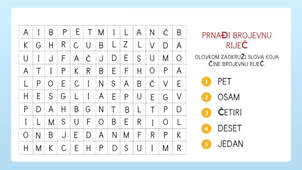Pronađi brojevnu riječ | Genially