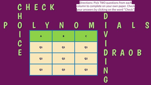 dividing polynomials choice board | Genially