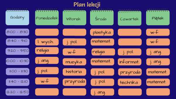 Plan lekcji czwartej klasy | Genially