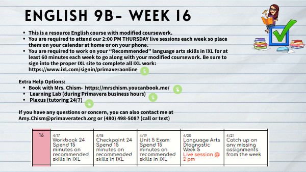 9B S2 Week 16 Checklist