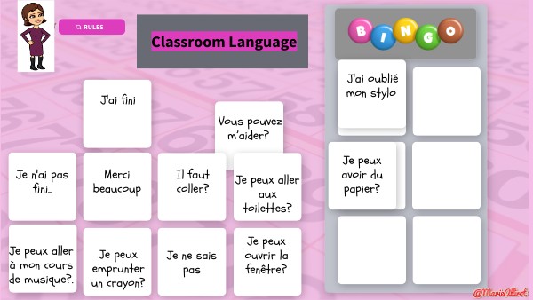 Bingo classroom language - adapted from Marie Allirot | Genially
