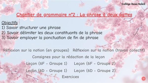 Chantier de grammaire n°2 - La phrase à deux pattes - AP 6ème