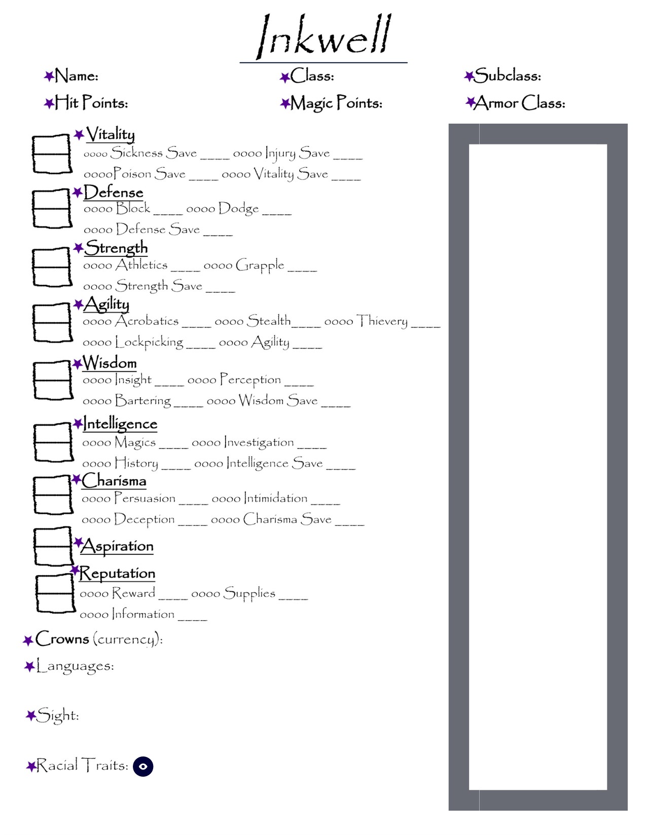Inkwell Character Sheet | Genially