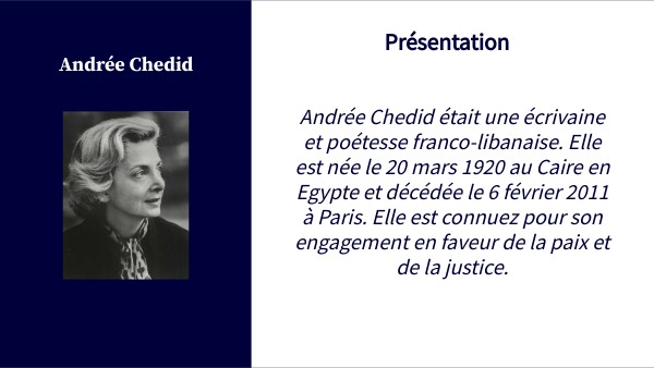 Le Message Andrée Chedid Nombre De Page Andrée Chedid Exposé | Genially